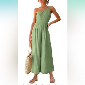 One Shoulder Pleated High Waist Casual Wide Leg Jumpsuit Romper with Pockets